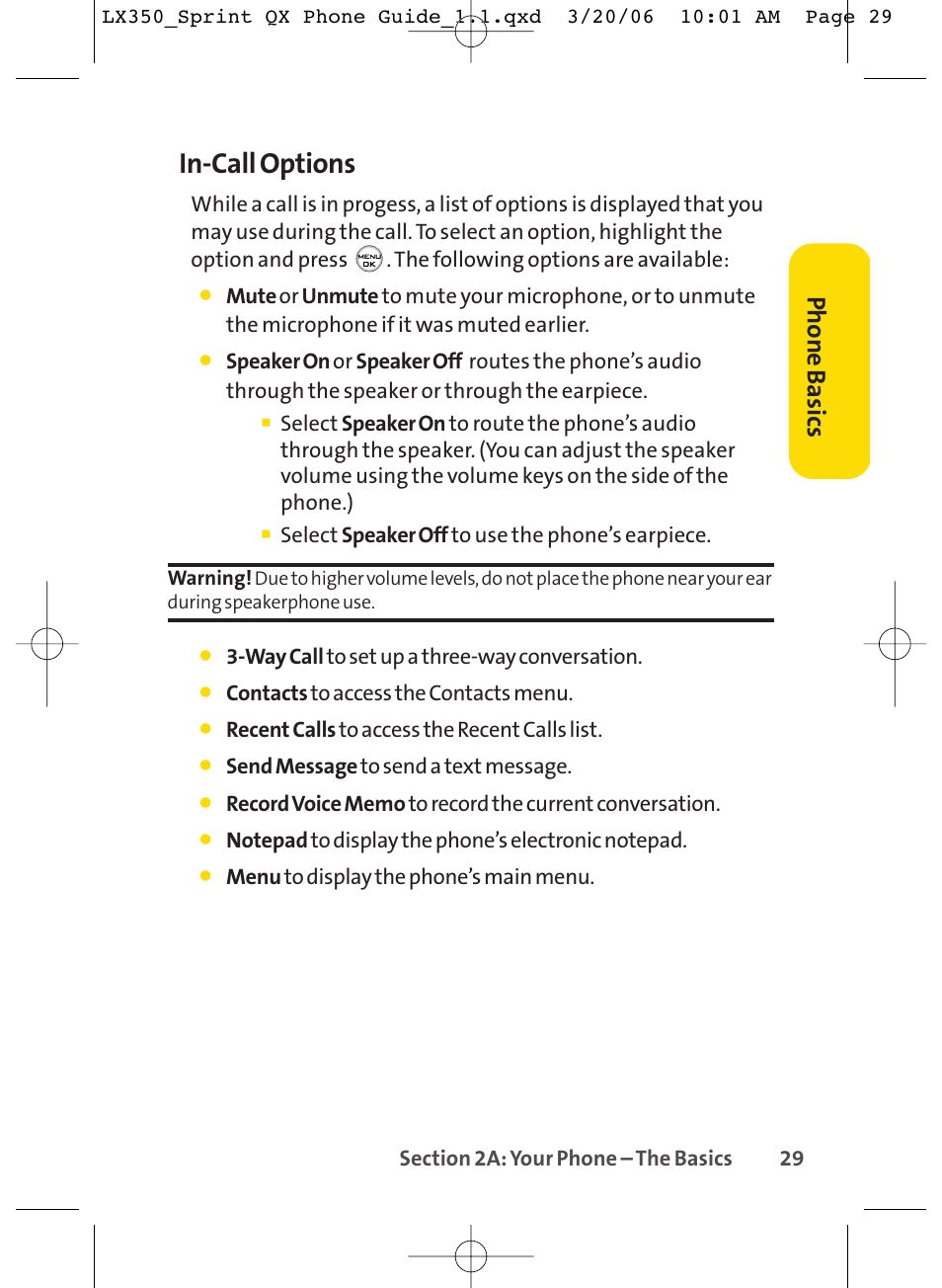 In-call options, Phone basics | LG LGLX350 User Manual | Page 44 / 219