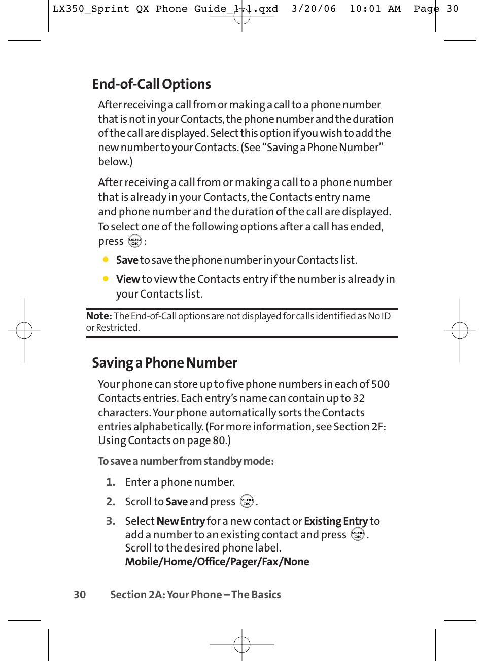 End-of-call options, Saving a phone number | LG LGLX350 User Manual | Page 45 / 219