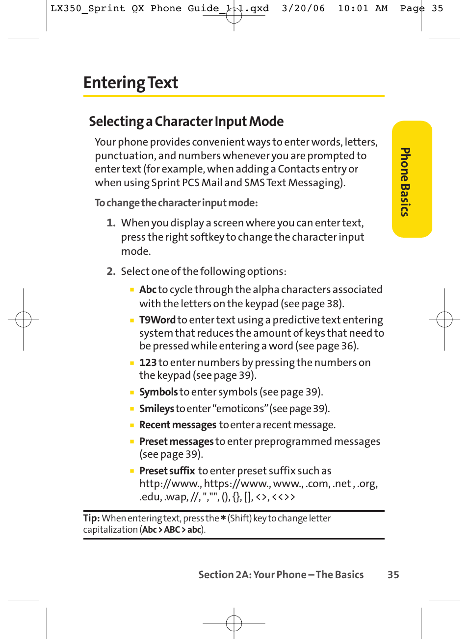 Entering text, Selecting a character input mode, Phone basics | LG LGLX350 User Manual | Page 50 / 219