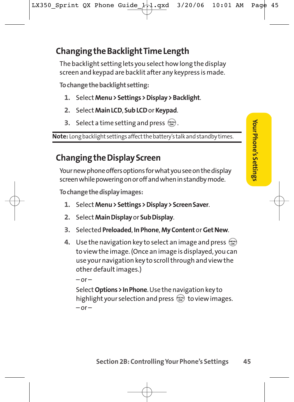 Changing the backlighttime length, Changing the display screen | LG LGLX350 User Manual | Page 60 / 219