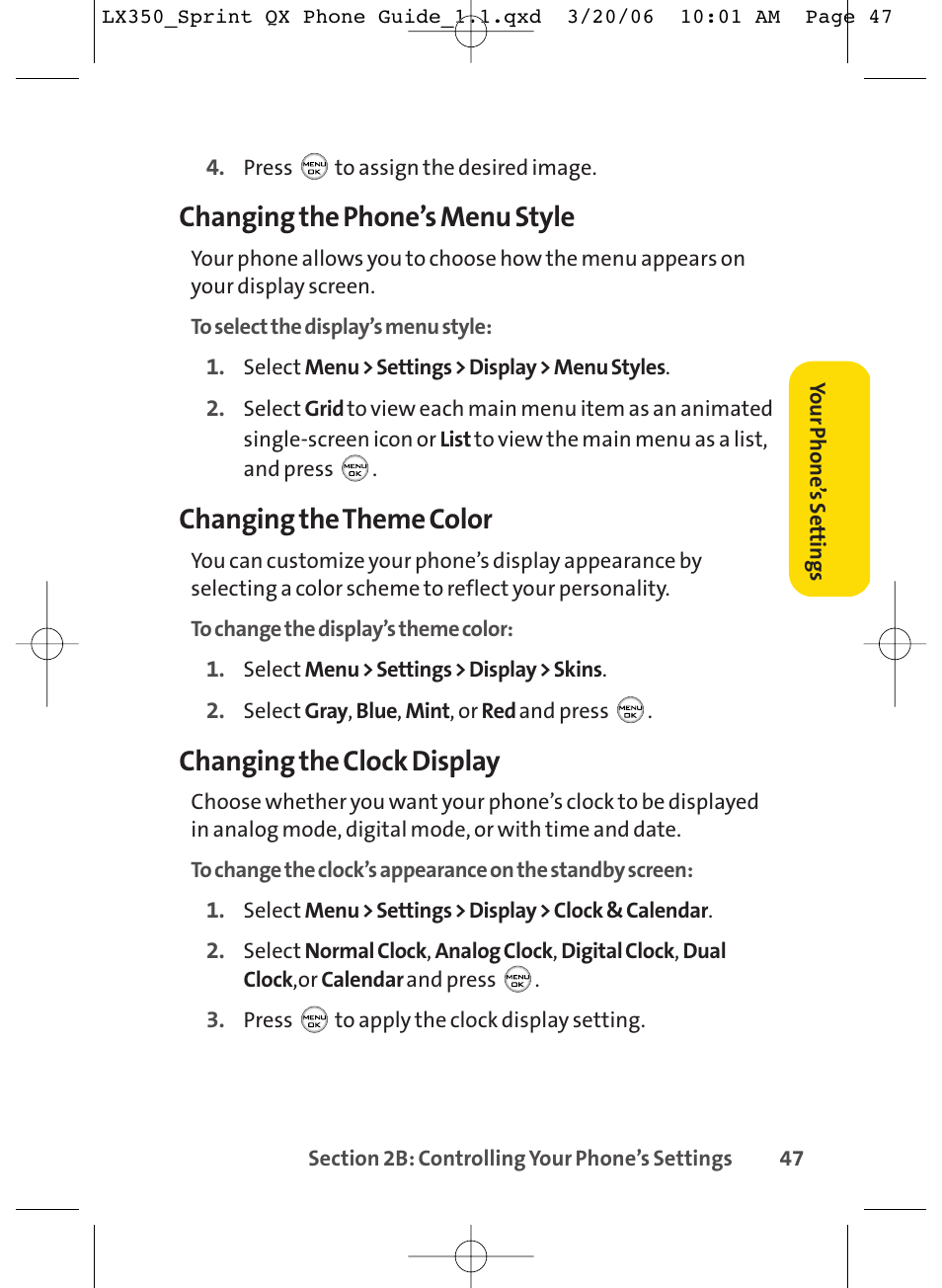 Changing the phone’s menu style, Changing the theme color, Changing the clock display | LG LGLX350 User Manual | Page 62 / 219