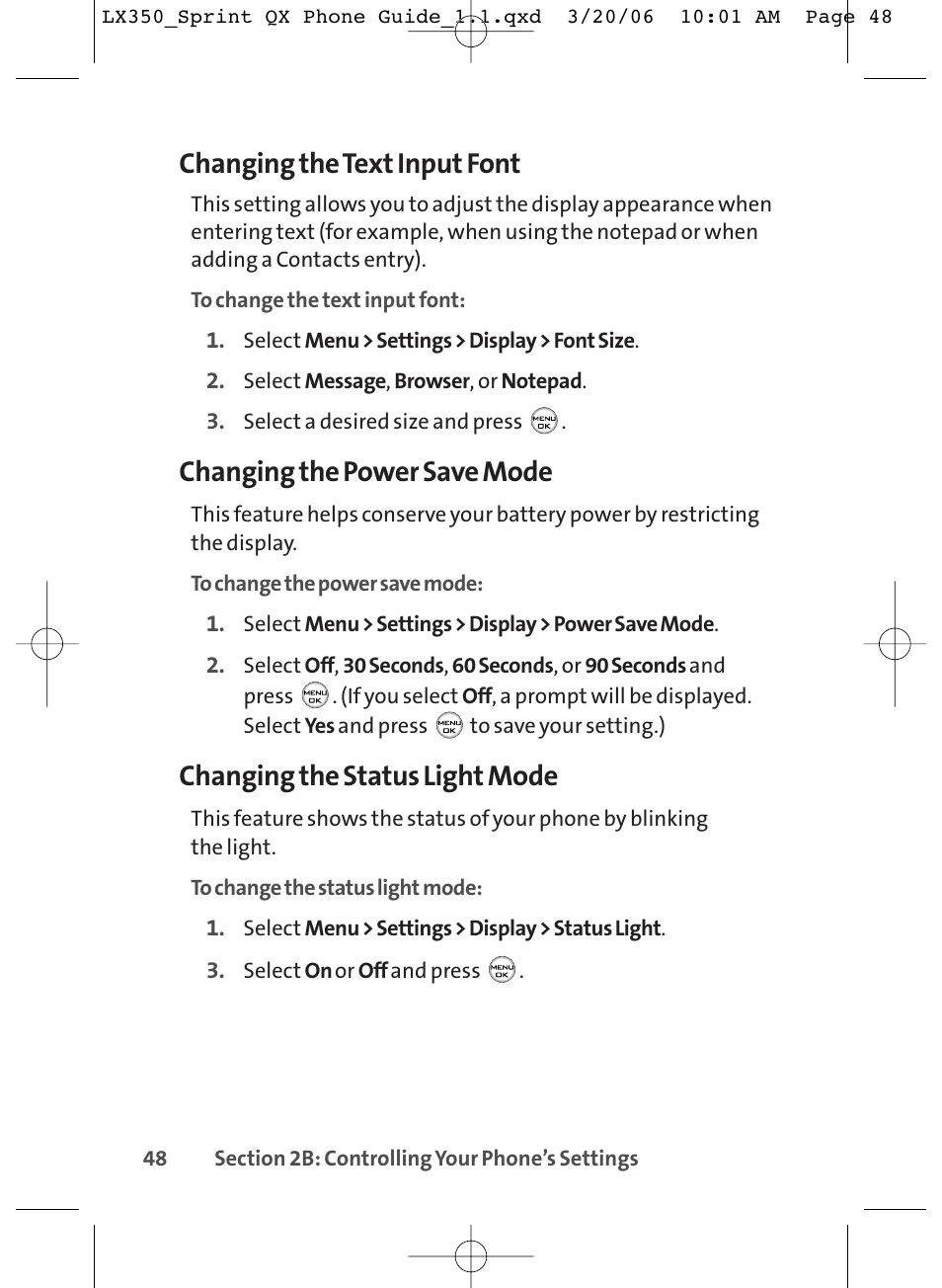 Changing the text input font, Changing the power save mode, Changing the status light mode | LG LGLX350 User Manual | Page 63 / 219