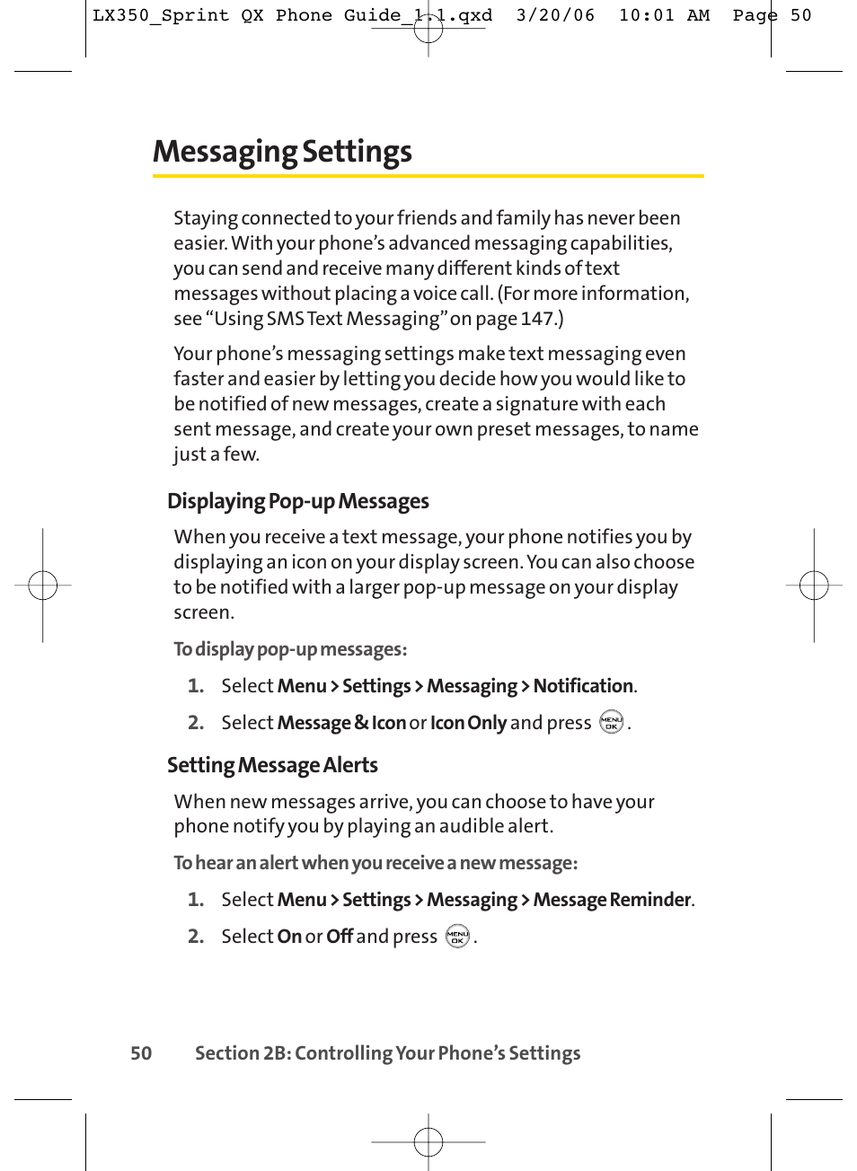 Messaging settings | LG LGLX350 User Manual | Page 65 / 219