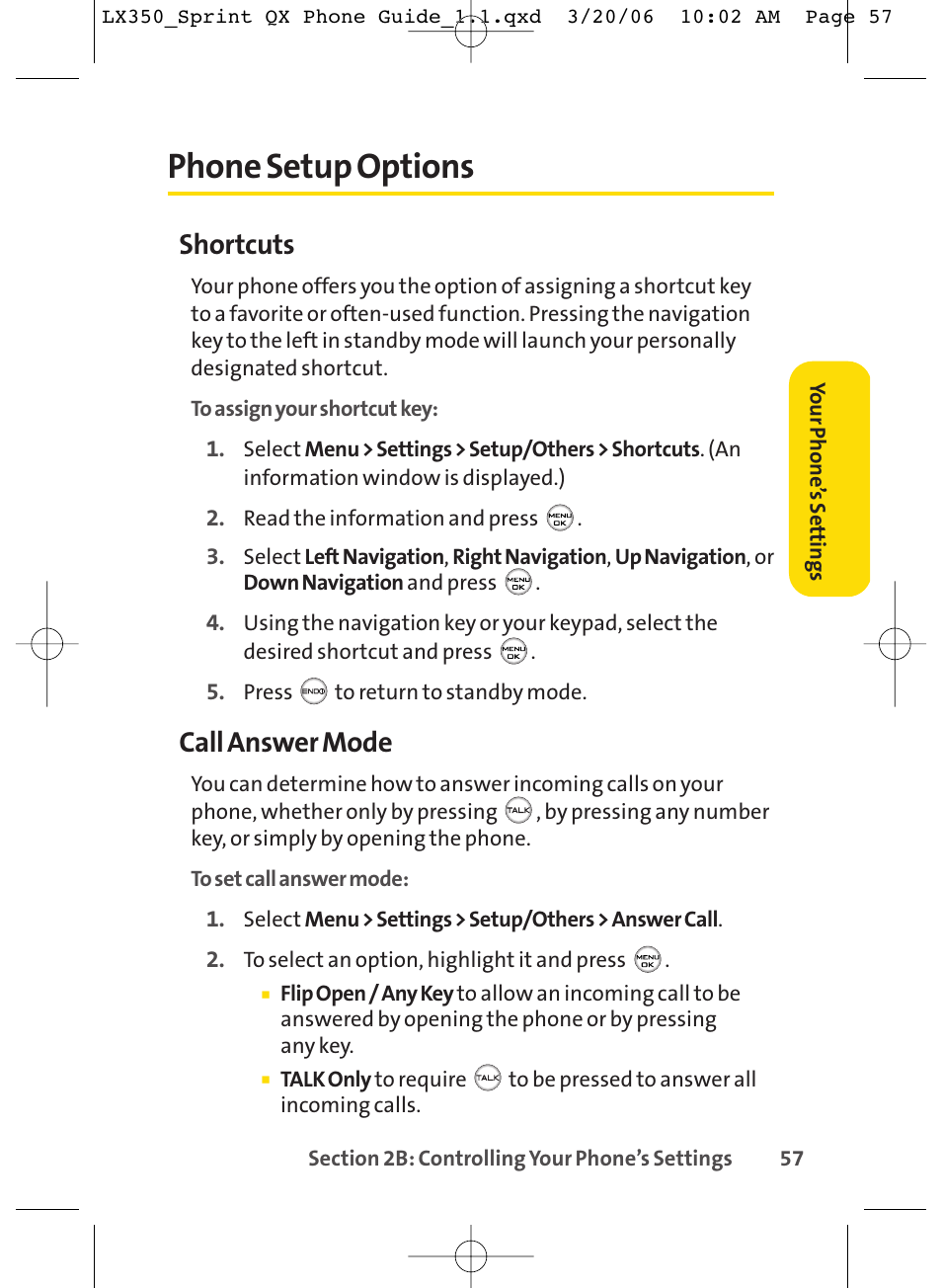 Phone setup options, Shortcuts, Call answer mode | LG LGLX350 User Manual | Page 72 / 219