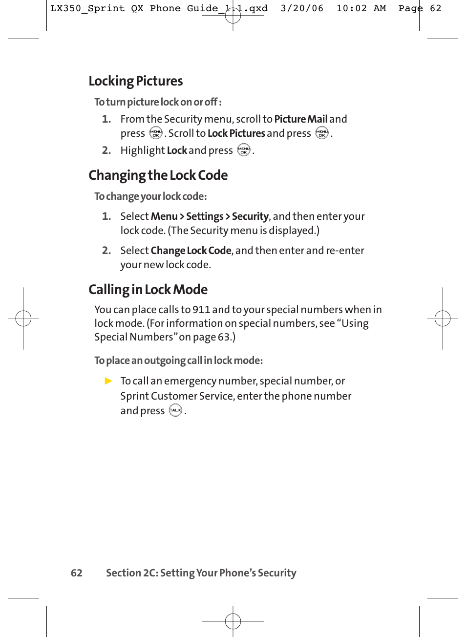 Locking pictures, Changing the lock code, Calling in lock mode | LG LGLX350 User Manual | Page 77 / 219