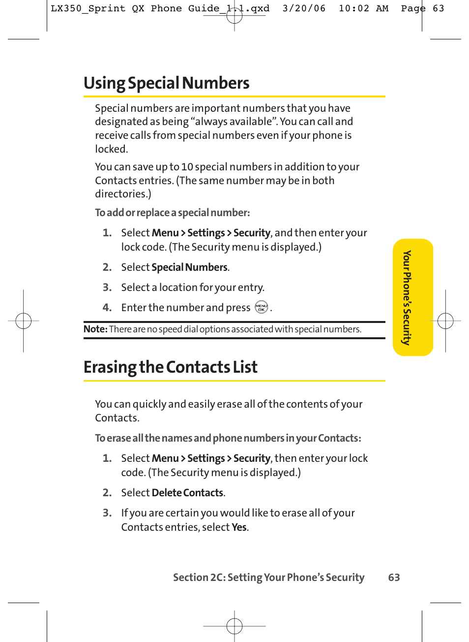 Using special numbers, Erasing the contacts list | LG LGLX350 User Manual | Page 78 / 219