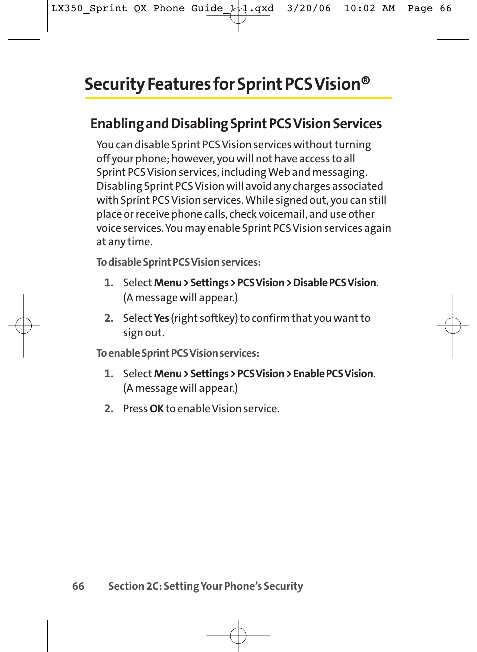 Security features for sprint pcs vision, Enabling and disabling sprint pcs vision services | LG LGLX350 User Manual | Page 81 / 219