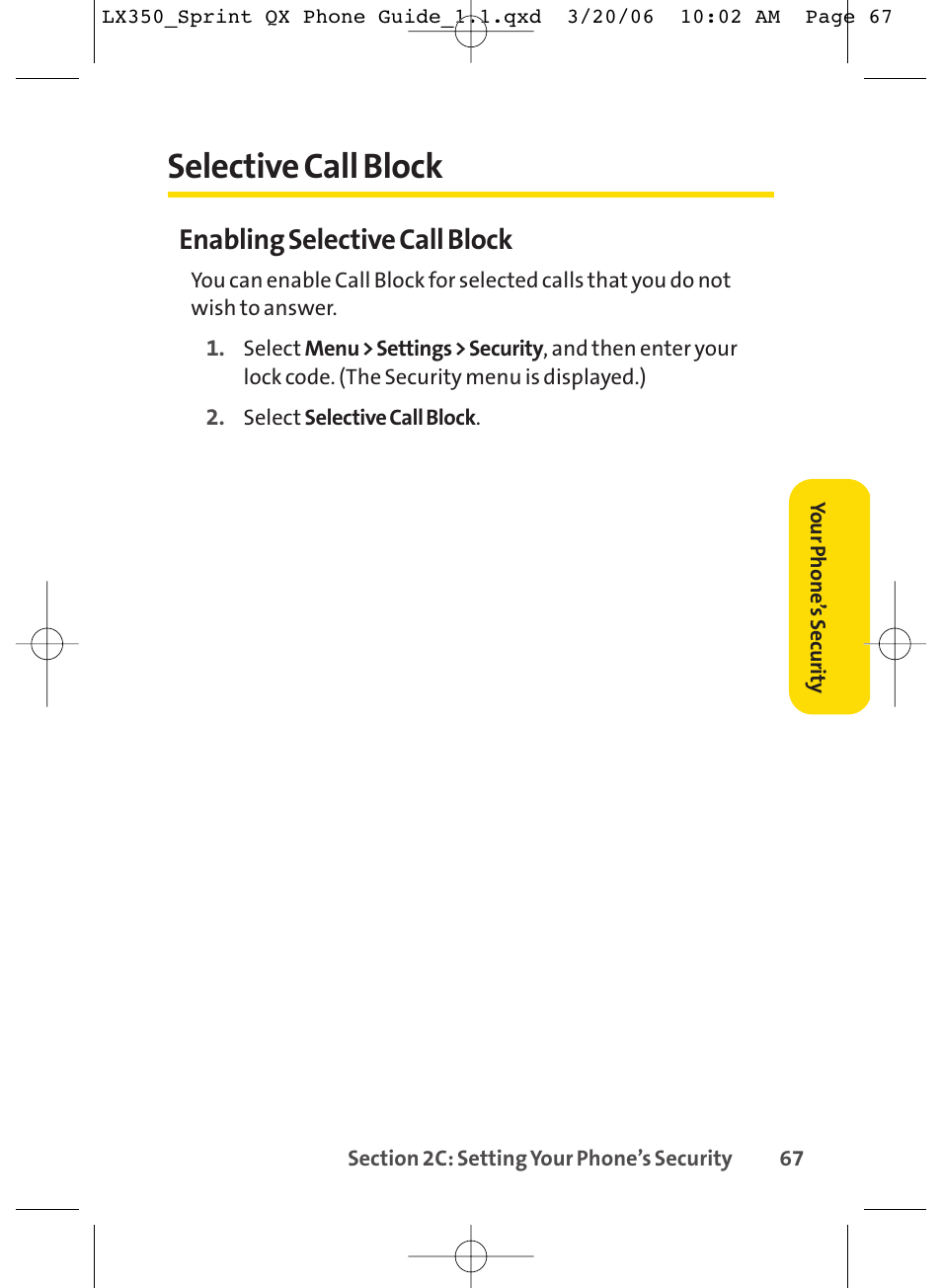 Selective call block, Enabling selective call block | LG LGLX350 User Manual | Page 82 / 219