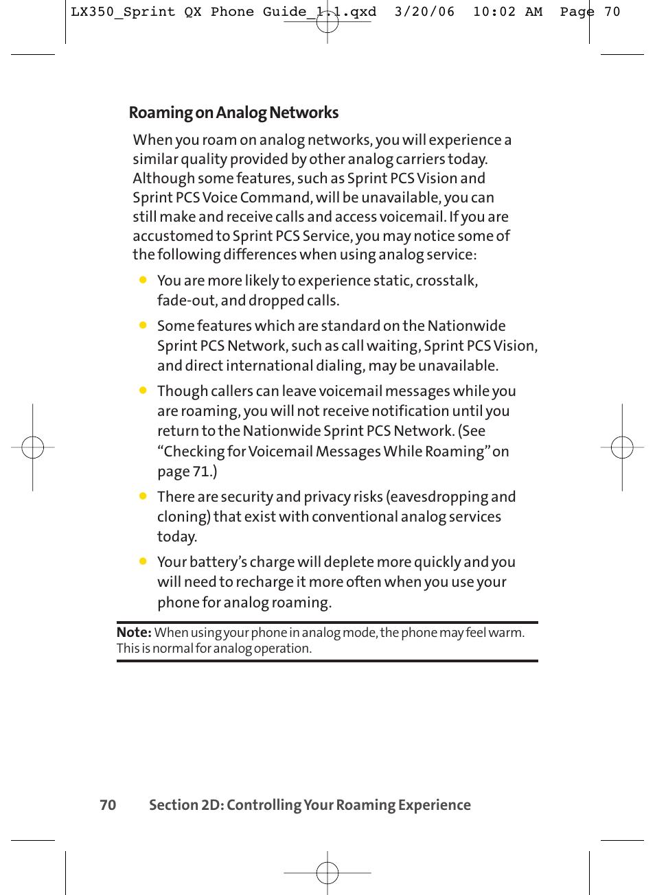 Roaming on analog networks | LG LGLX350 User Manual | Page 85 / 219