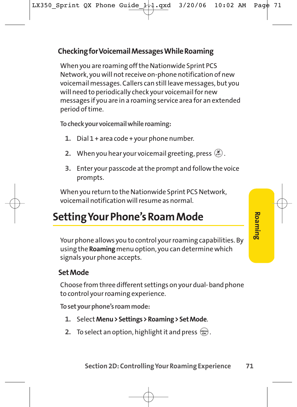 Settingyour phone’s roam mode | LG LGLX350 User Manual | Page 86 / 219