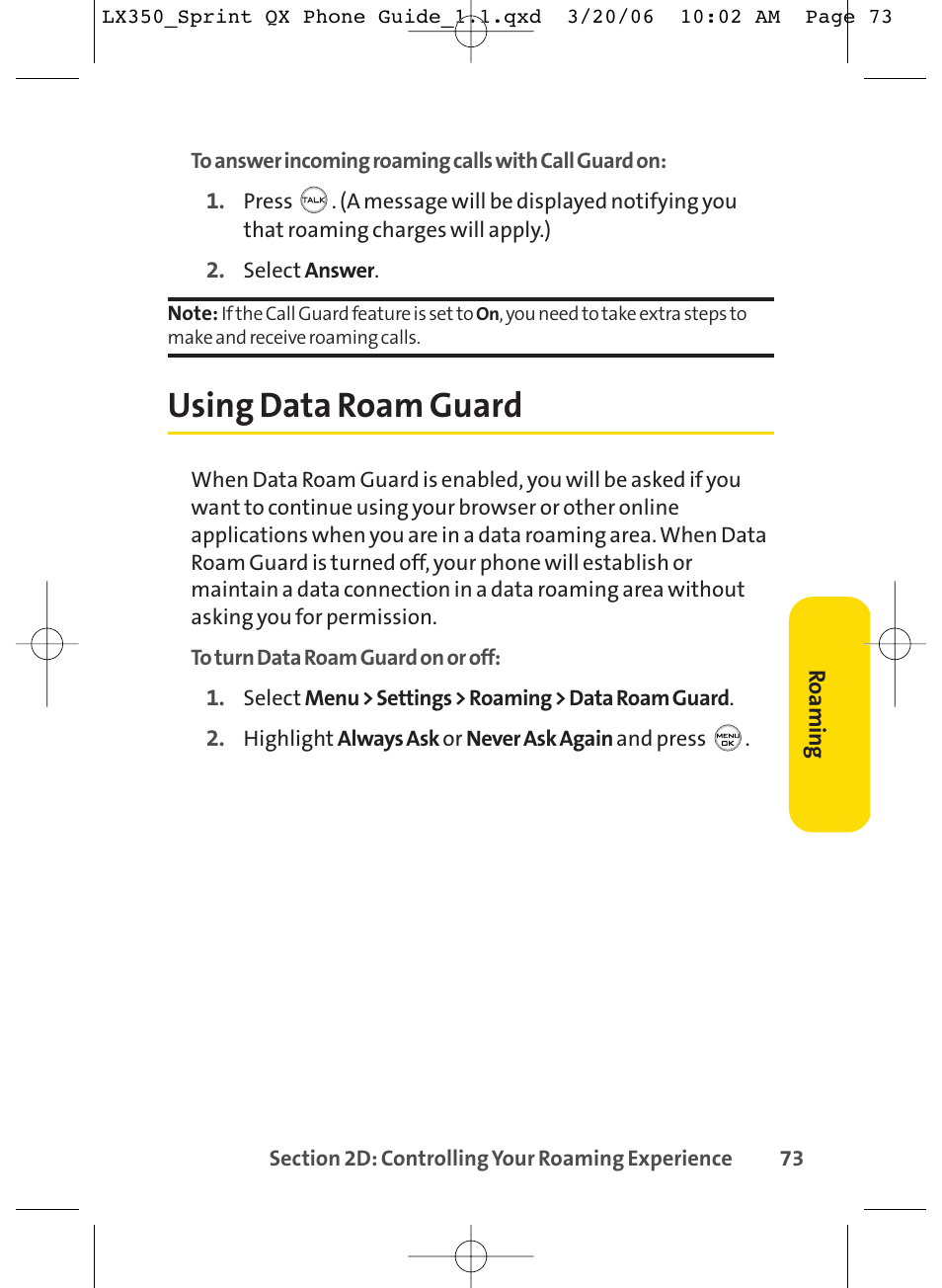 Using data roam guard | LG LGLX350 User Manual | Page 88 / 219