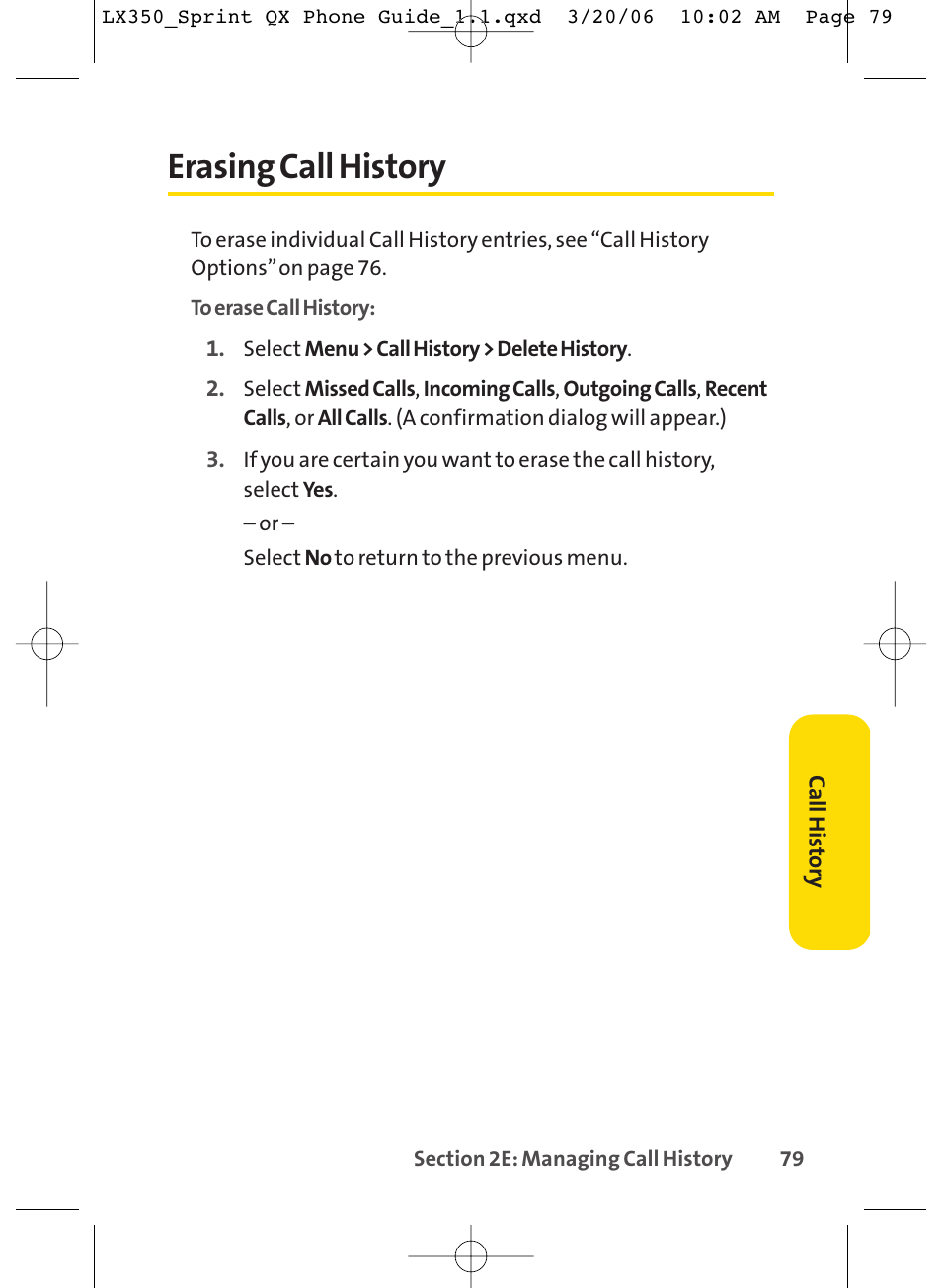 Erasing call history | LG LGLX350 User Manual | Page 94 / 219