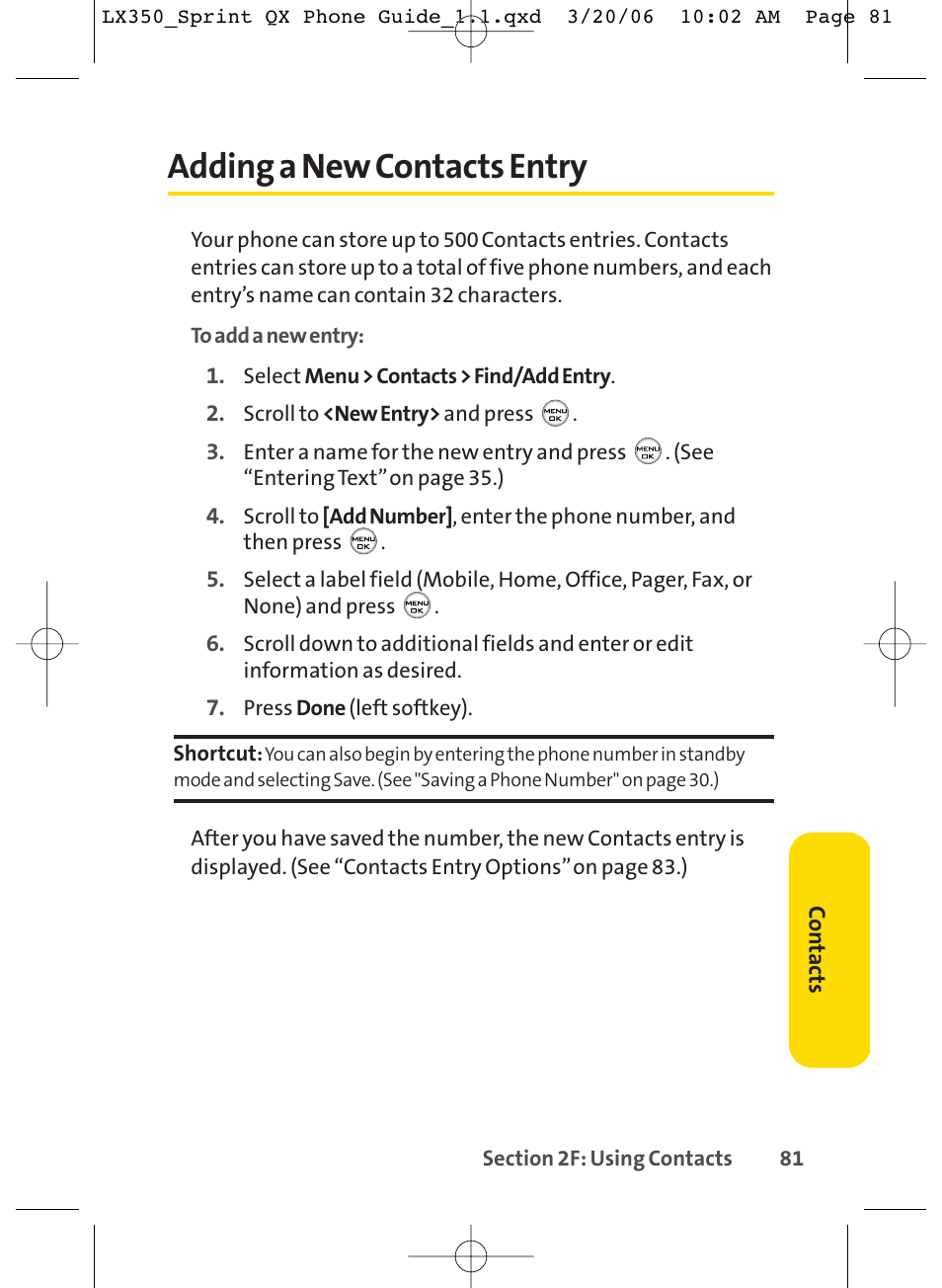 Adding a new contacts entry | LG LGLX350 User Manual | Page 96 / 219