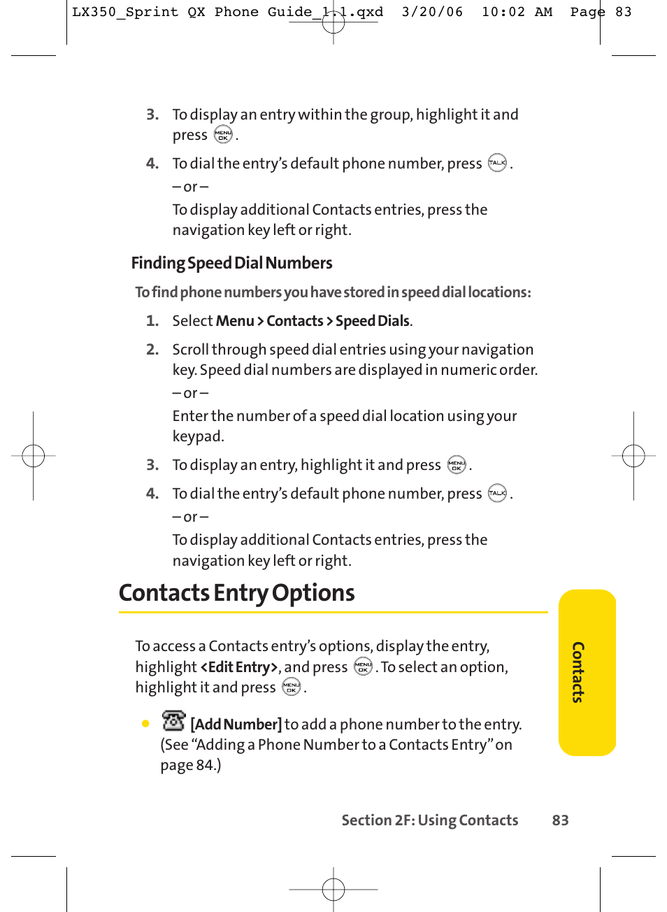 Contacts entry options | LG LGLX350 User Manual | Page 98 / 219
