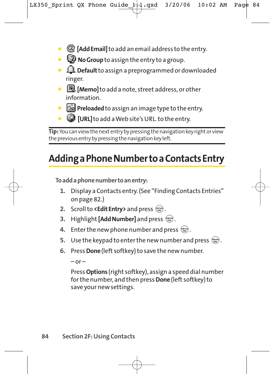 Adding a phone number to a contacts entry | LG LGLX350 User Manual | Page 99 / 219