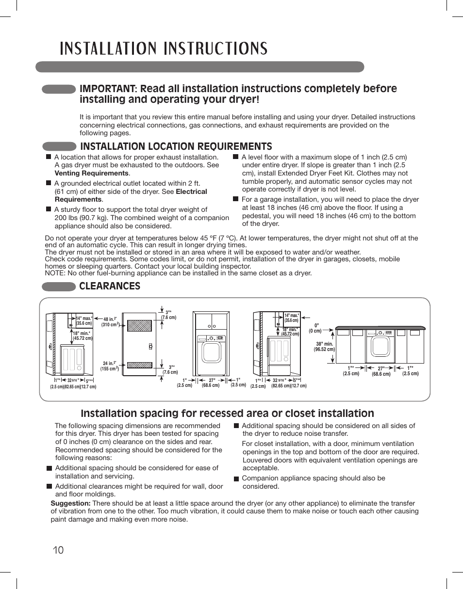 Clearances, Installation location requirements | LG LSDG389VS User Manual | Page 10 / 148