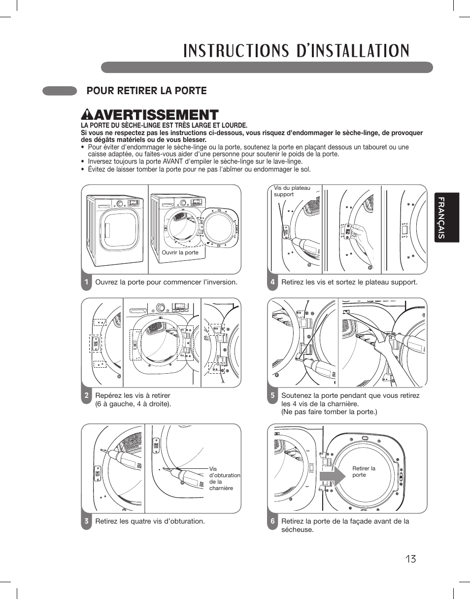 Wavertissement, Pour retirer la porte | LG LSDG389VS User Manual | Page 113 / 148