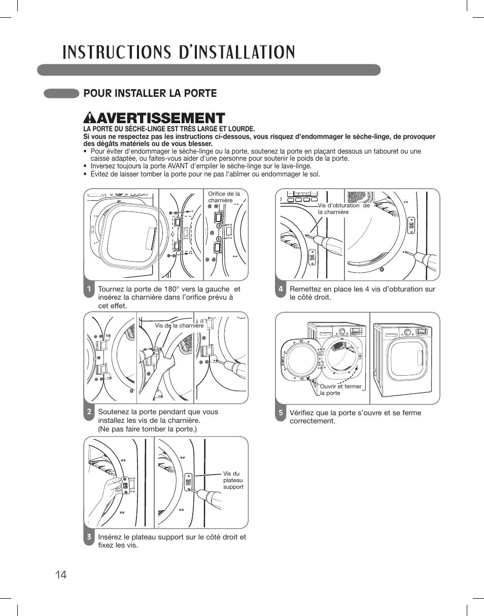 Wavertissement, Pour installer la porte | LG LSDG389VS User Manual | Page 114 / 148