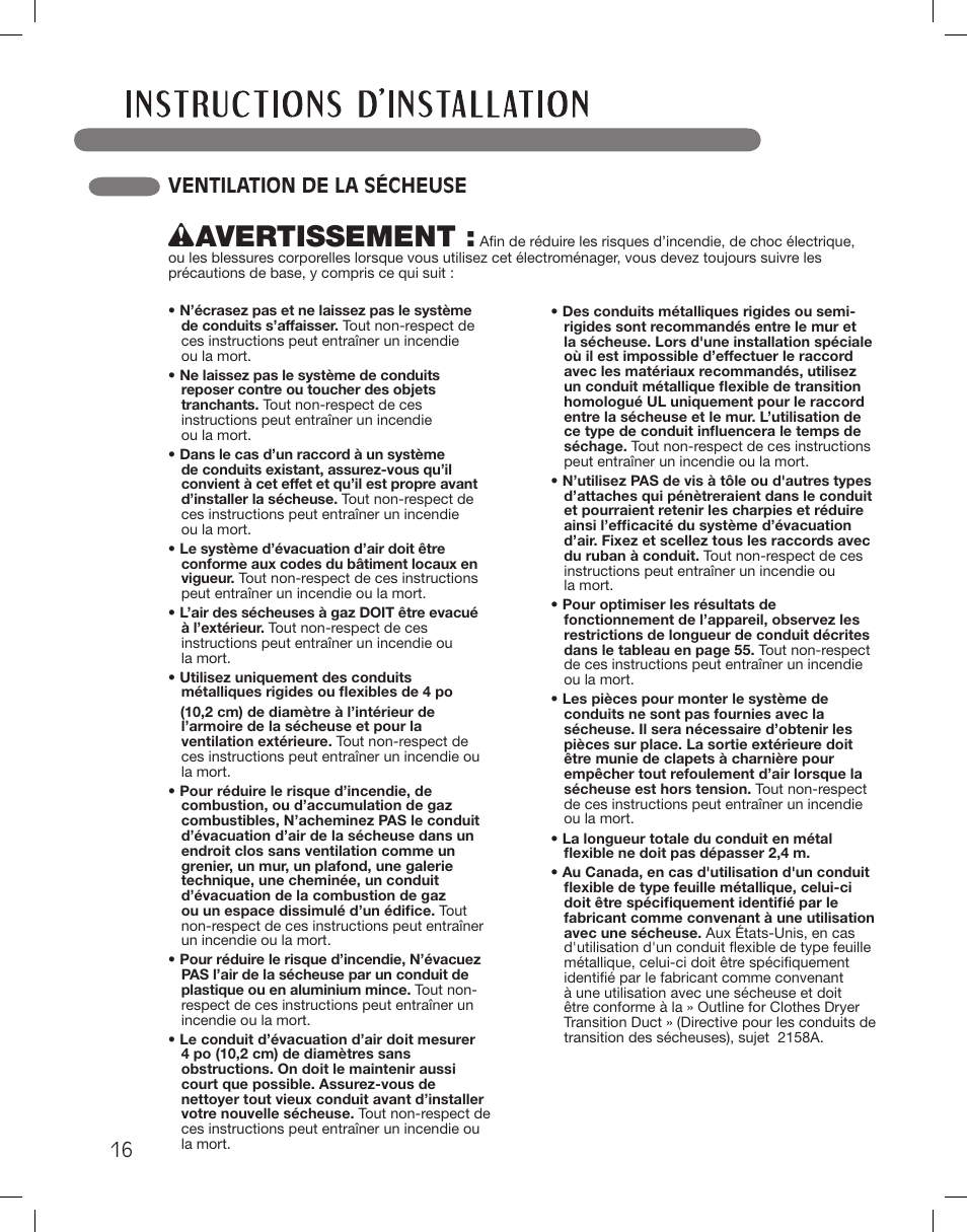 Wavertissement, Ventilation de la sécheuse | LG LSDG389VS User Manual | Page 116 / 148