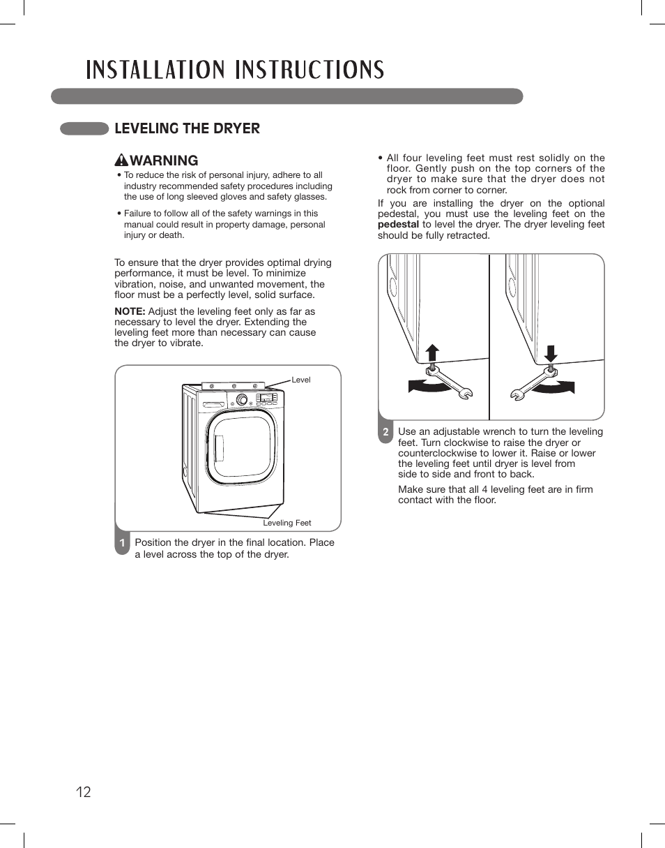 Leveling the dryer, Warning | LG LSDG389VS User Manual | Page 12 / 148