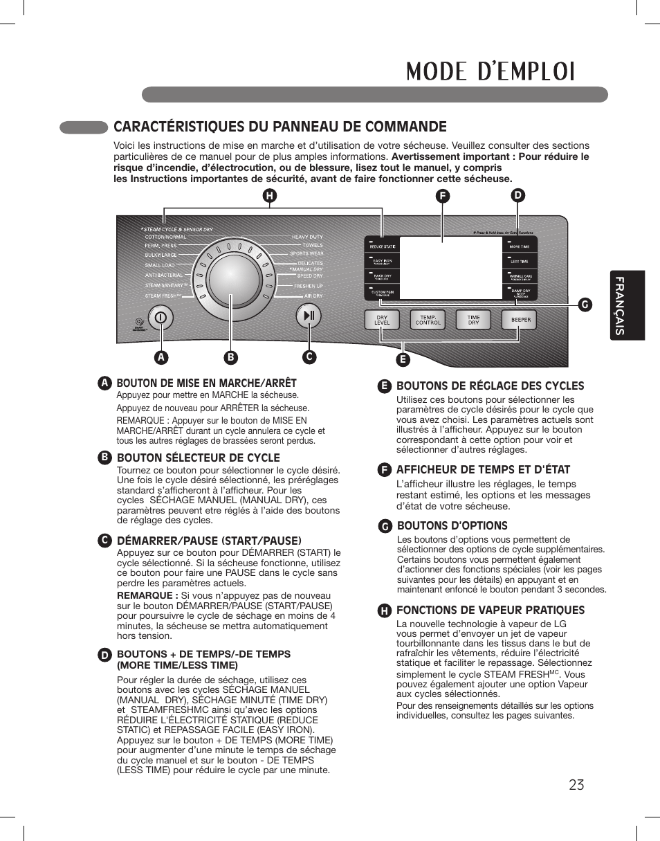 Caractéristiques du panneau de commande, Français, Séchage | LG LSDG389VS User Manual | Page 123 / 148