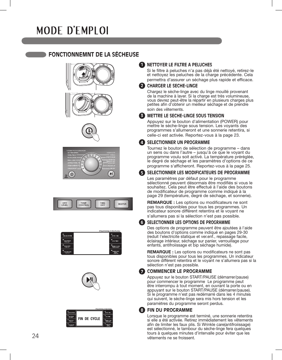 Fonctionnemnt de la sécheuse | LG LSDG389VS User Manual | Page 124 / 148