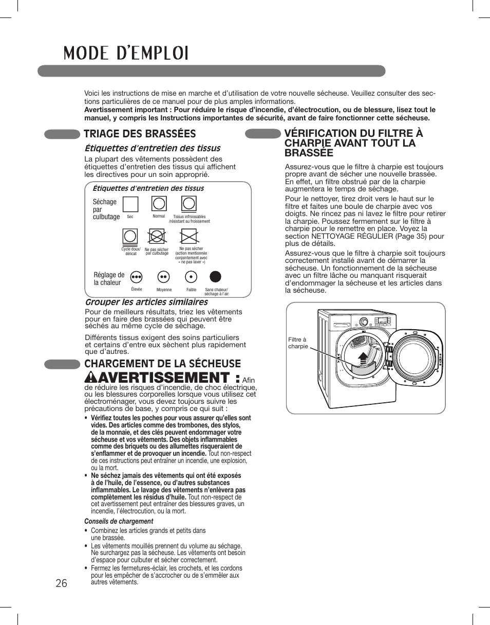 Wavertissement, Chargement de la sécheuse triage des brassées | LG LSDG389VS User Manual | Page 126 / 148