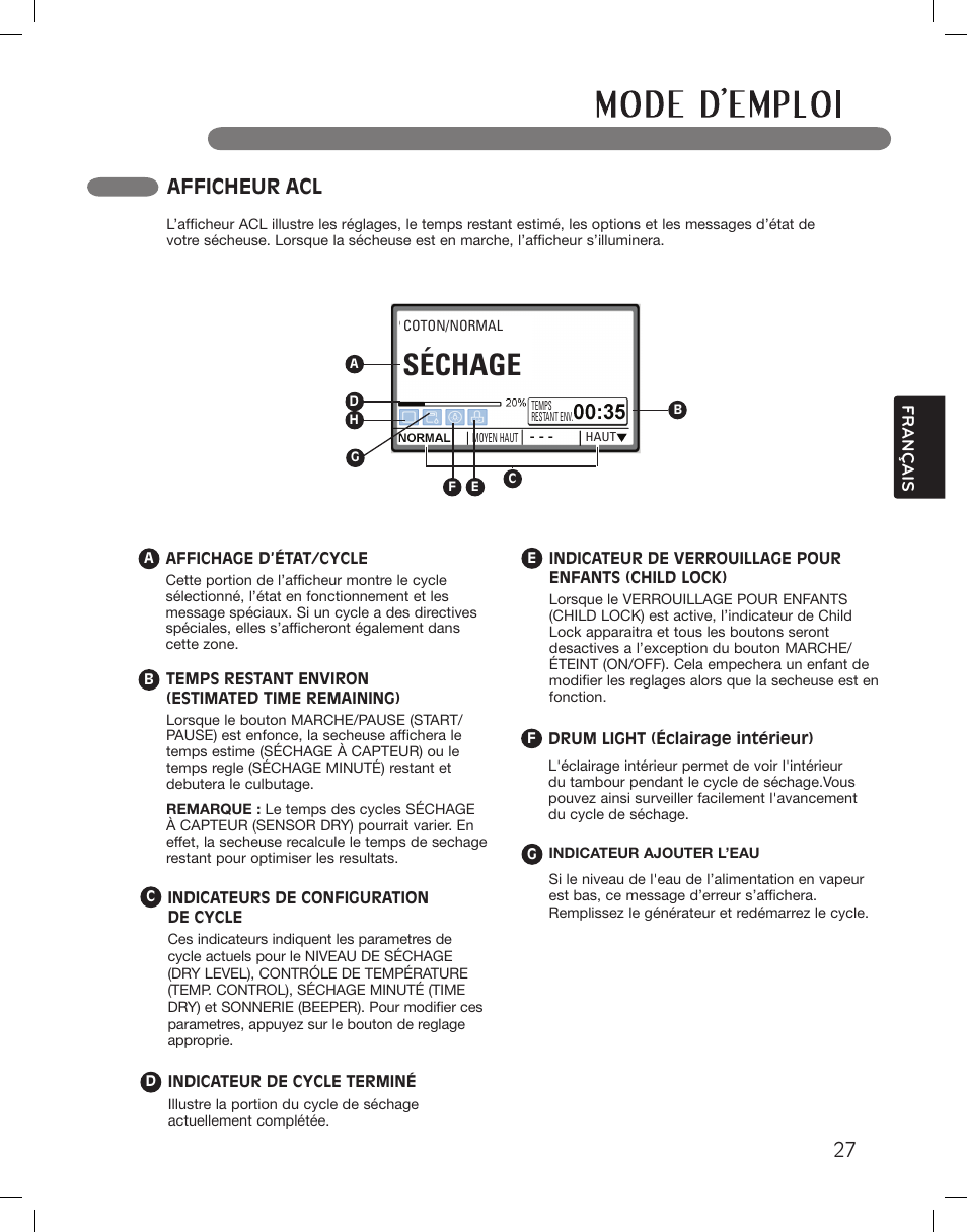 Séchage, Afficheur acl | LG LSDG389VS User Manual | Page 127 / 148