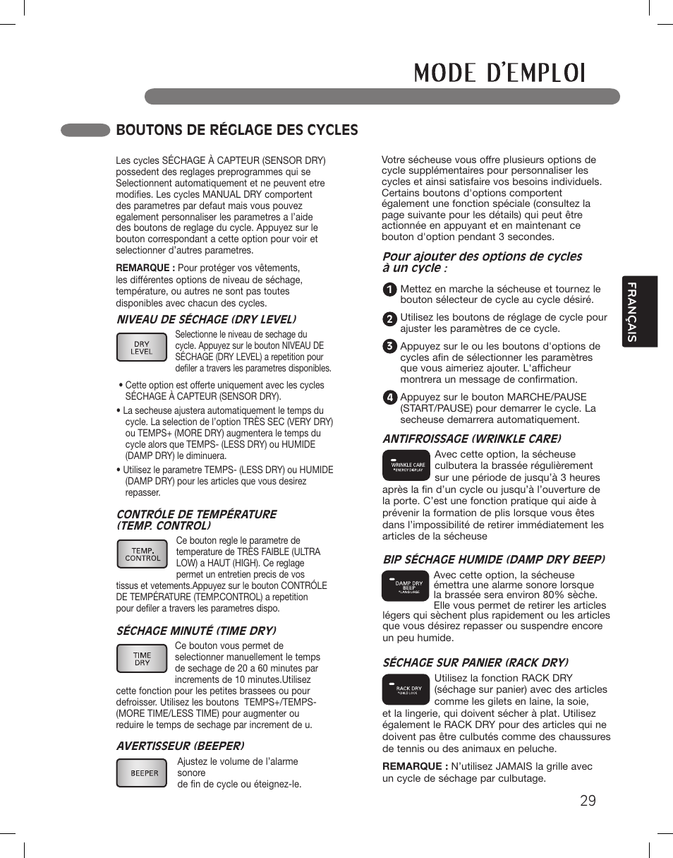 Boutons de réglage des cycles | LG LSDG389VS User Manual | Page 129 / 148