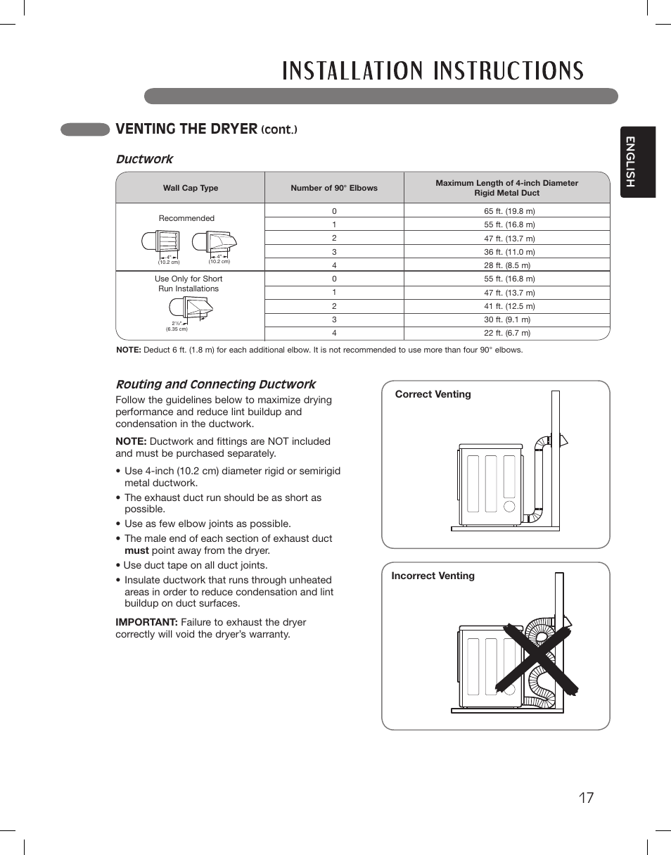 Venting the dryer, English, Routing and connecting ductwork | Ductwork | LG LSDG389VS User Manual | Page 17 / 148