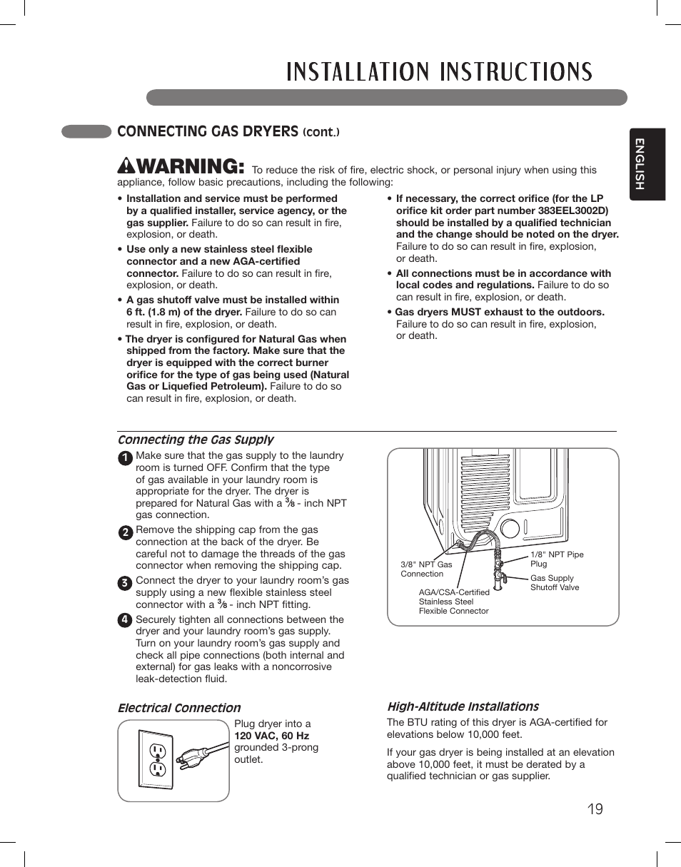 Wwarning, Connecting gas dryers | LG LSDG389VS User Manual | Page 19 / 148