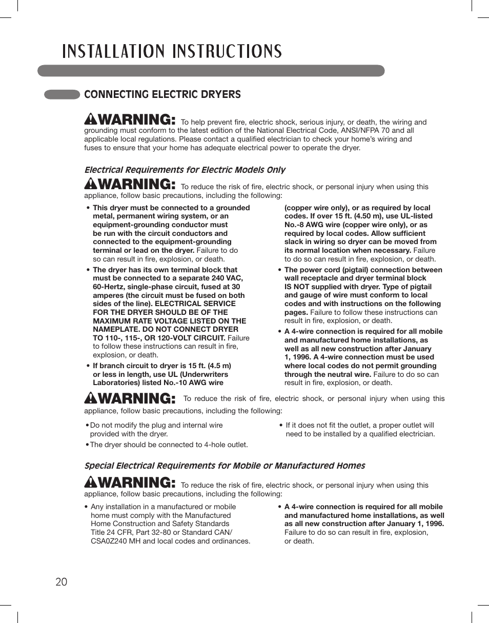 Wwarning, Connecting electric dryers | LG LSDG389VS User Manual | Page 20 / 148