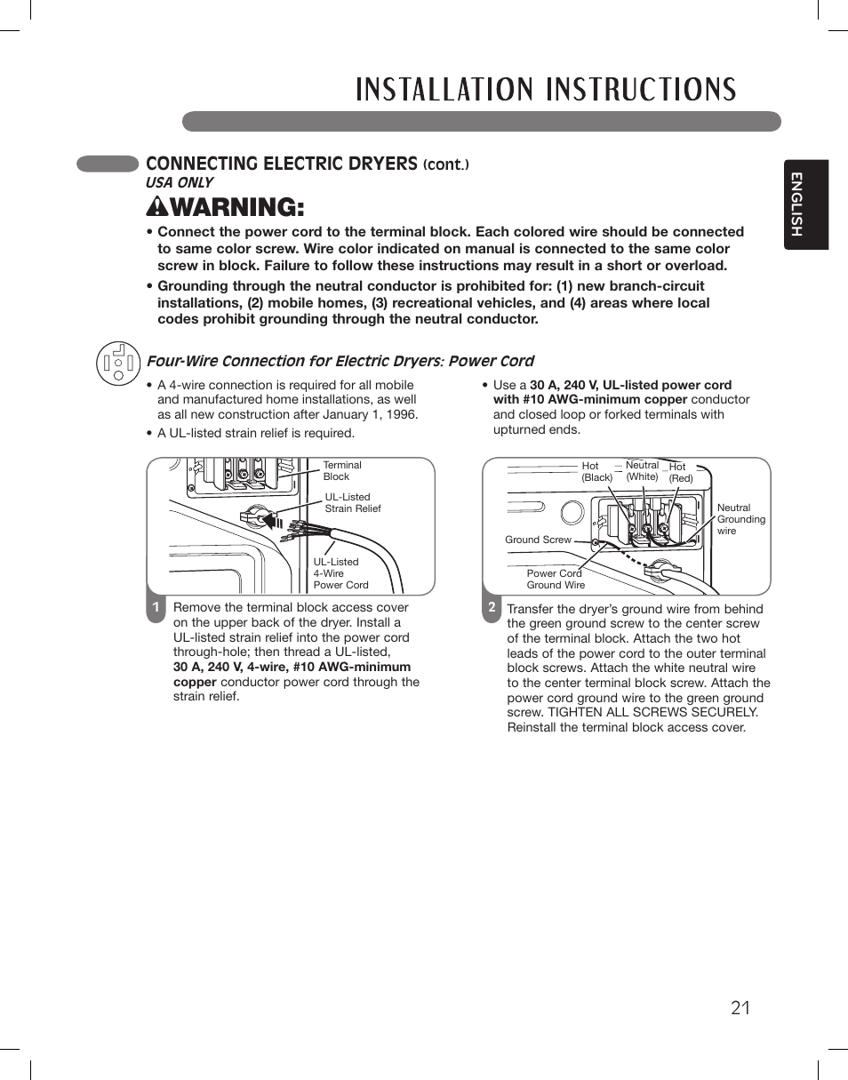 Wwarning, Connecting electric dryers | LG LSDG389VS User Manual | Page 21 / 148