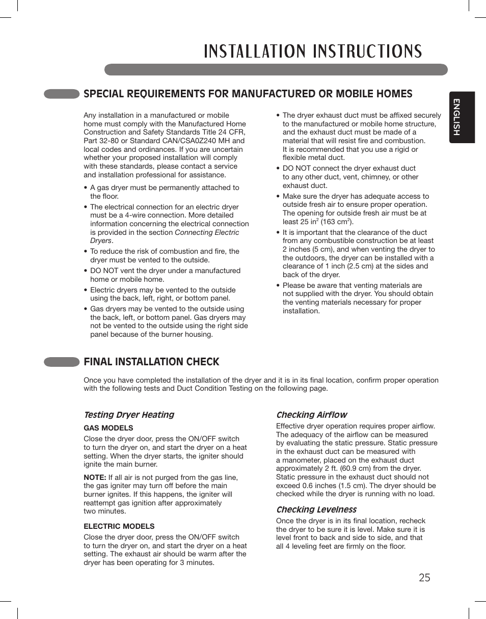 Final installation check | LG LSDG389VS User Manual | Page 25 / 148