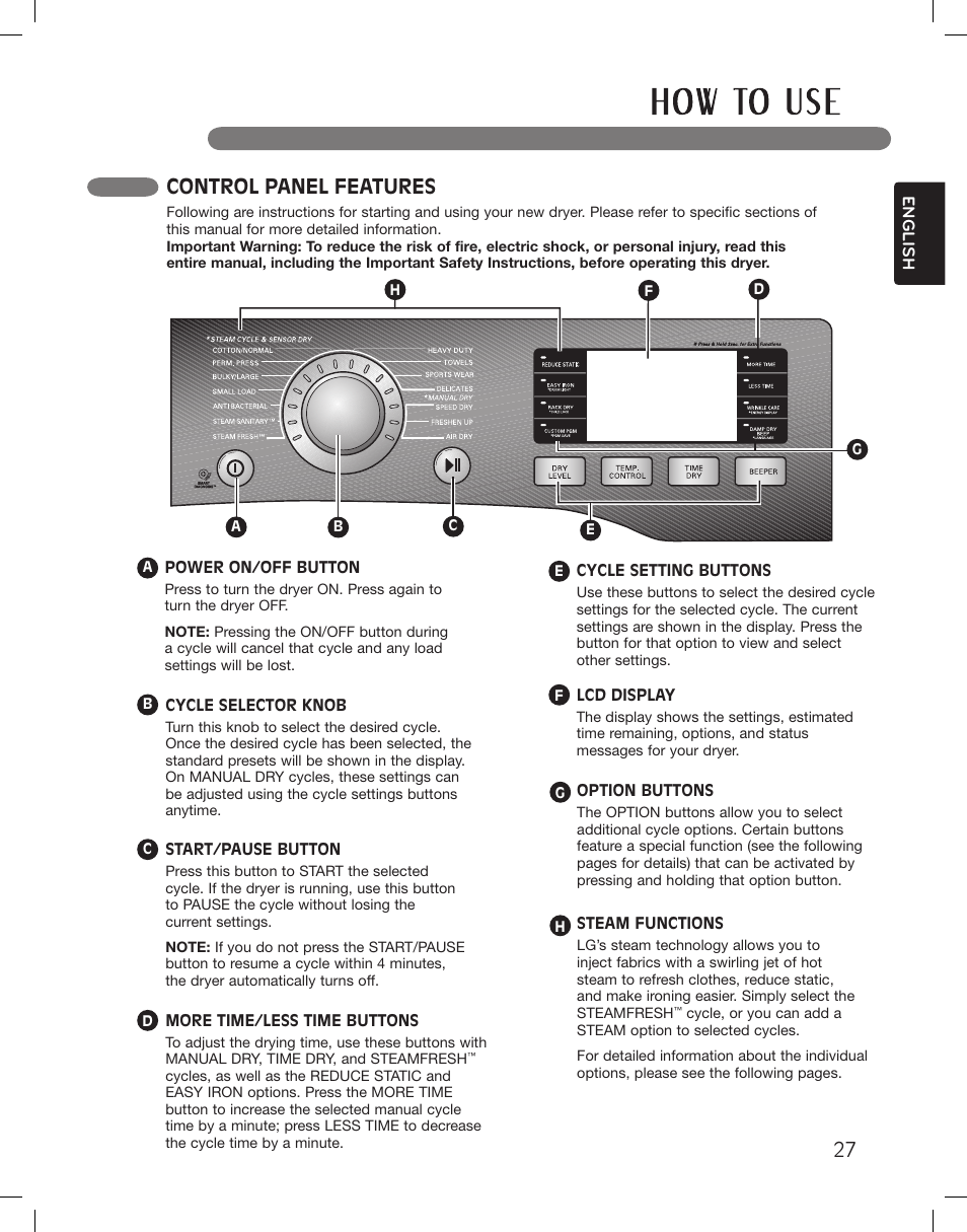 Control panel features | LG LSDG389VS User Manual | Page 27 / 148