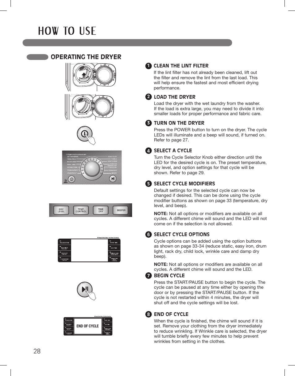 Operating the dryer | LG LSDG389VS User Manual | Page 28 / 148