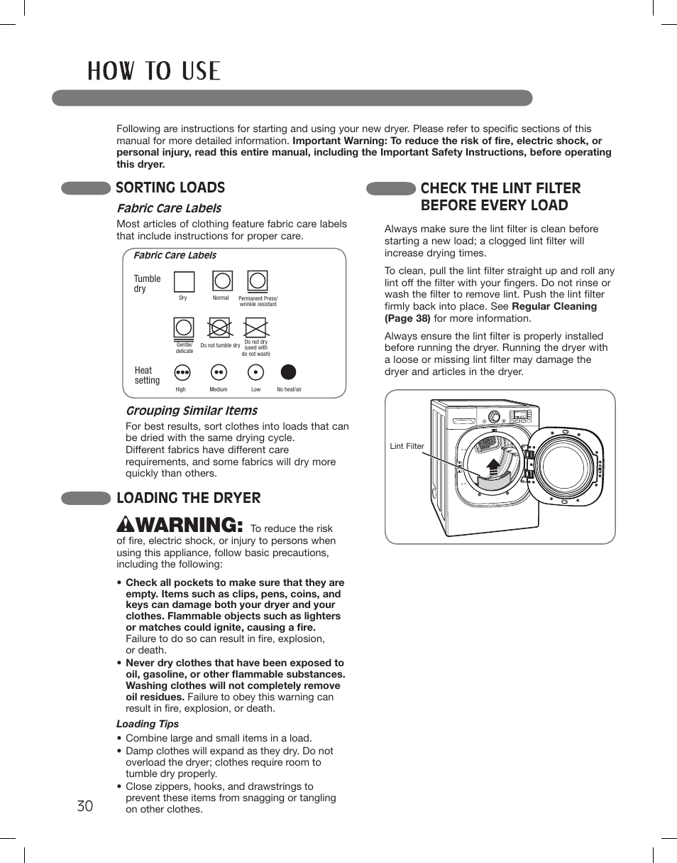 Wwarning, Sorting loads, Check the lint filter before every load | Loading the dryer | LG LSDG389VS User Manual | Page 30 / 148