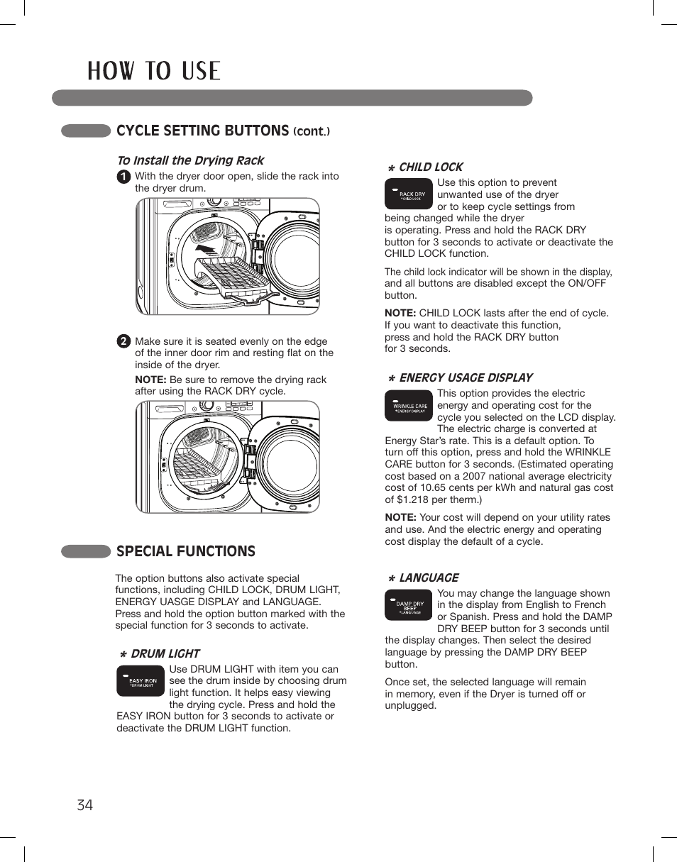 Cycle setting buttons, Special functions | LG LSDG389VS User Manual | Page 34 / 148