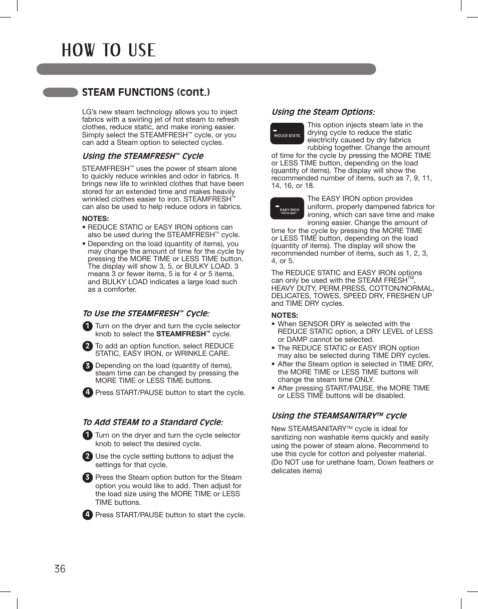 Steam functions (cont.) | LG LSDG389VS User Manual | Page 36 / 148