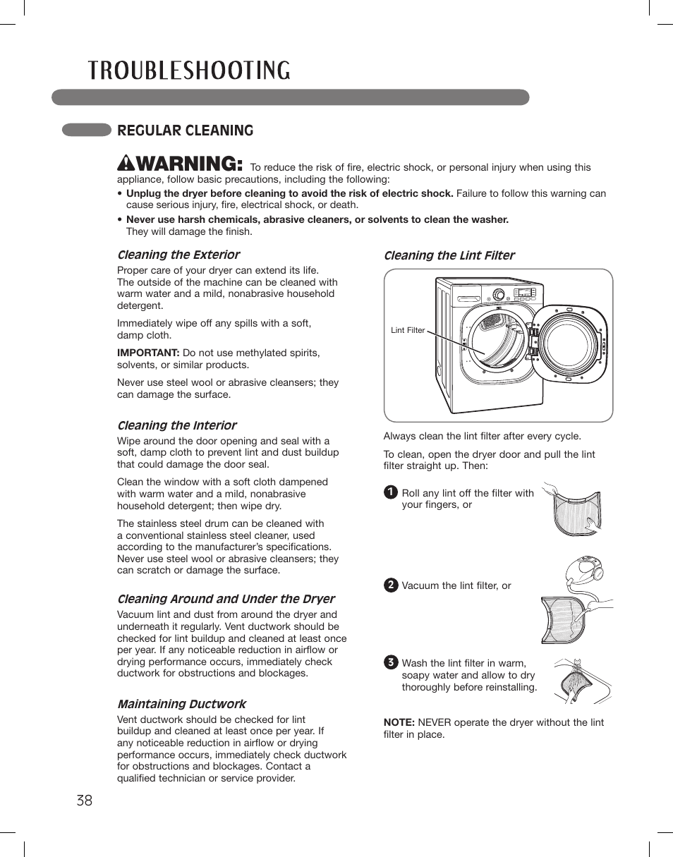 Wwarning, Regular cleaning | LG LSDG389VS User Manual | Page 38 / 148