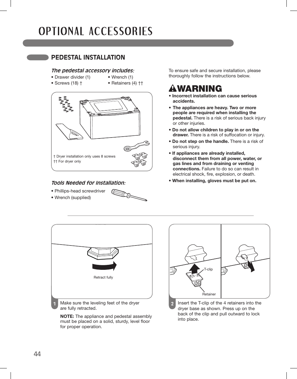 Wwarning, Pedestal installation | LG LSDG389VS User Manual | Page 44 / 148