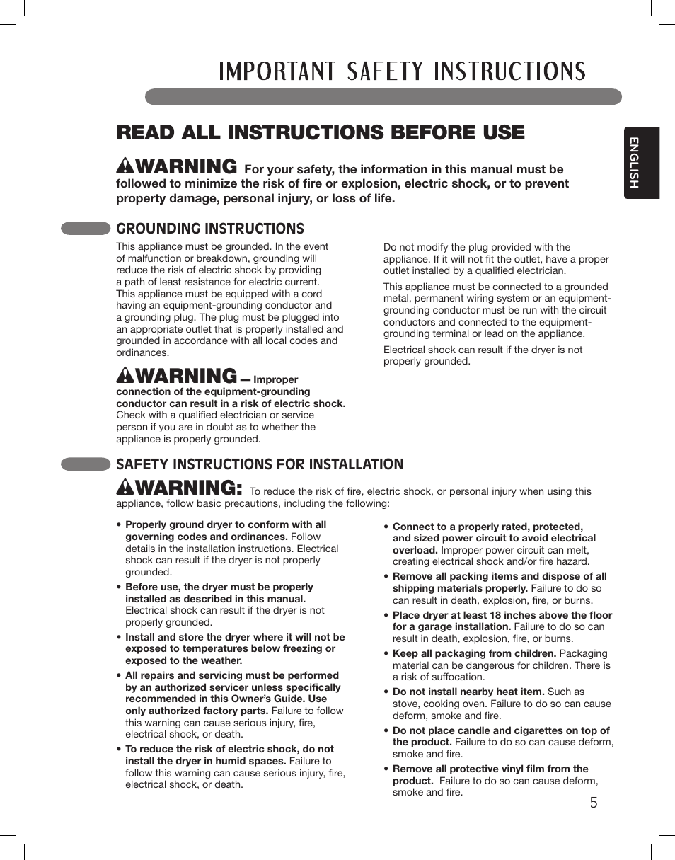 Wwarning, Read all instructions before use, Grounding instructions 5 | Safety instructions for installation | LG LSDG389VS User Manual | Page 5 / 148
