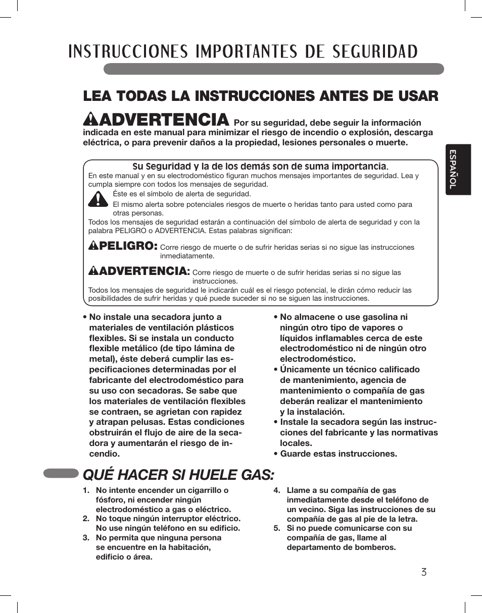 Lea todas la instrucciones antes de usar, Qué hacer si huele gas, Wpeligro | Wadvertencia | LG LSDG389VS User Manual | Page 53 / 148