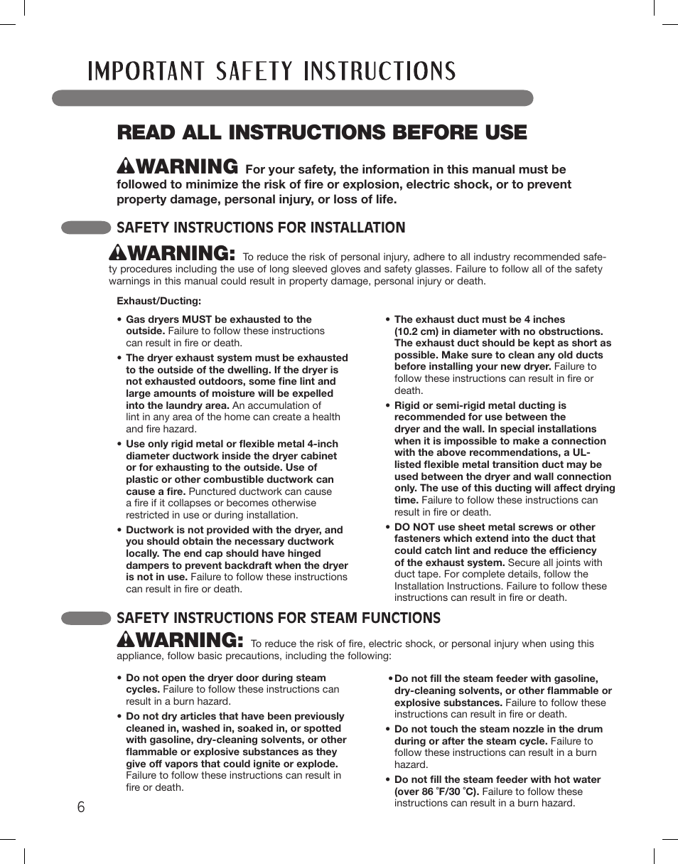 Read all instructions before use, Wwarning, Safety instructions for installation | Safety instructions for steam functions | LG LSDG389VS User Manual | Page 6 / 148