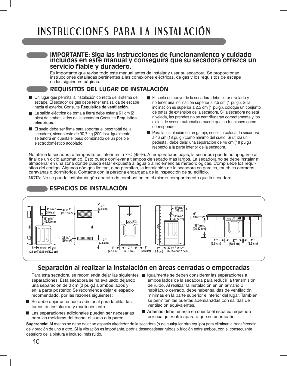 Espacios de instalación, Requisitos del lugar de instalación | LG LSDG389VS User Manual | Page 60 / 148