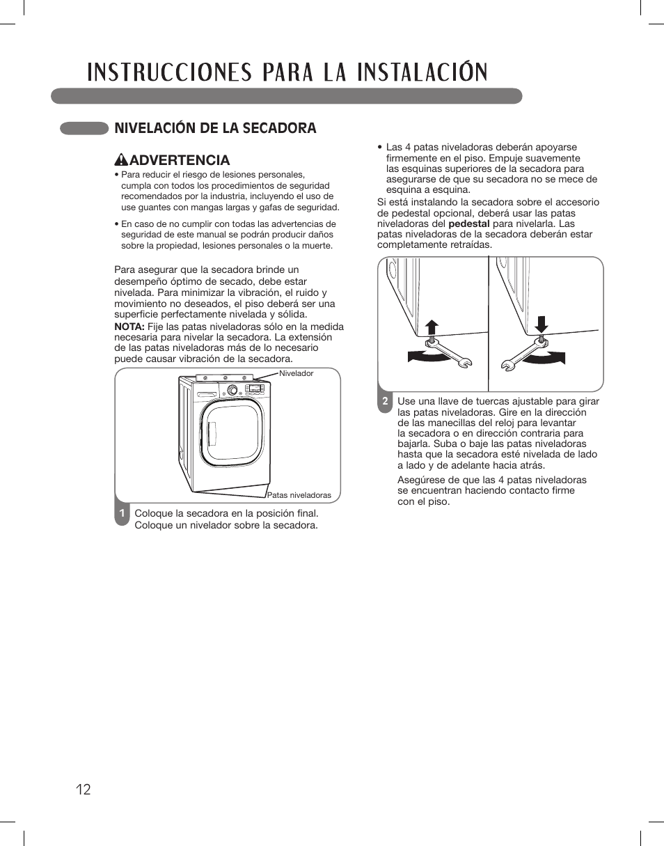 Nivelación de la secadora, Advertencia | LG LSDG389VS User Manual | Page 62 / 148
