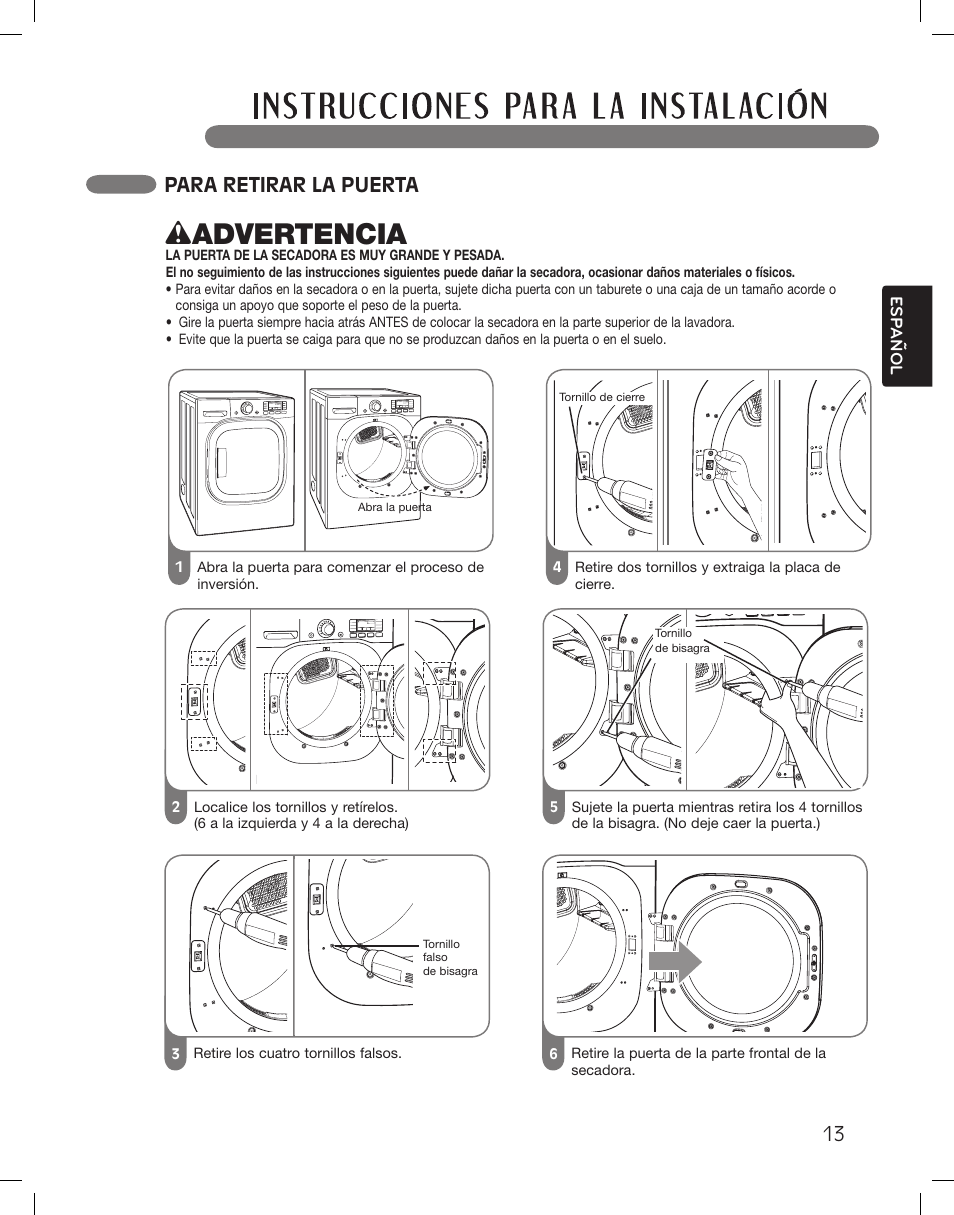 Wadvertencia, Para retirar la puerta | LG LSDG389VS User Manual | Page 63 / 148