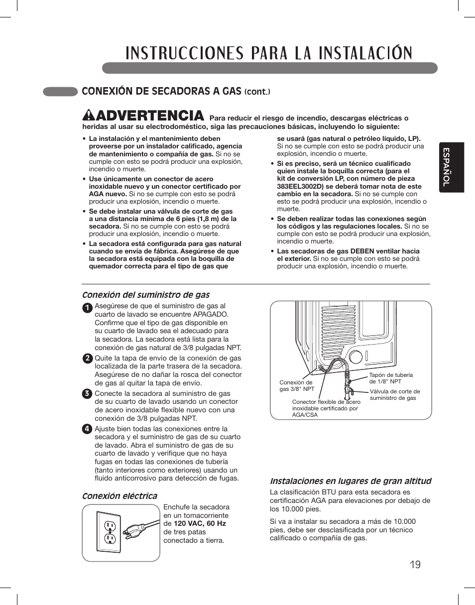 Wadvertencia, Conexión de secadoras a gas | LG LSDG389VS User Manual | Page 69 / 148