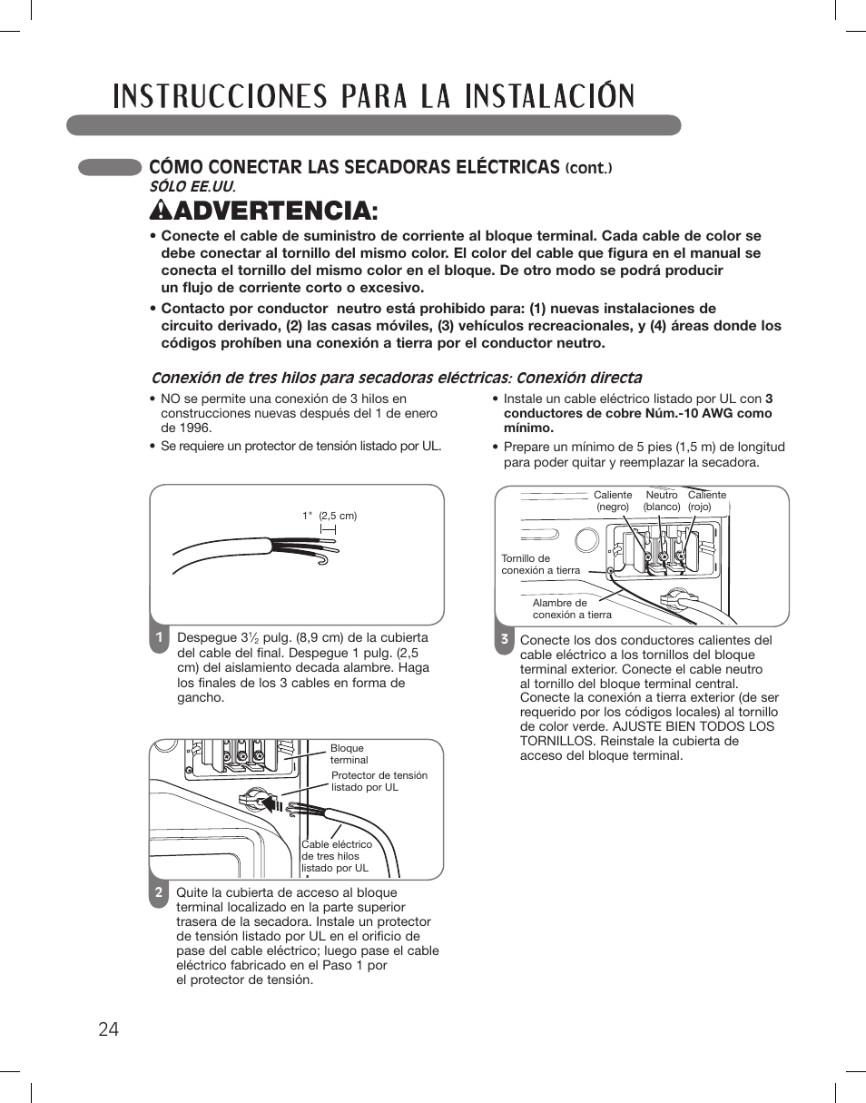 Wadvertencia, Cómo conectar las secadoras eléctricas | LG LSDG389VS User Manual | Page 74 / 148