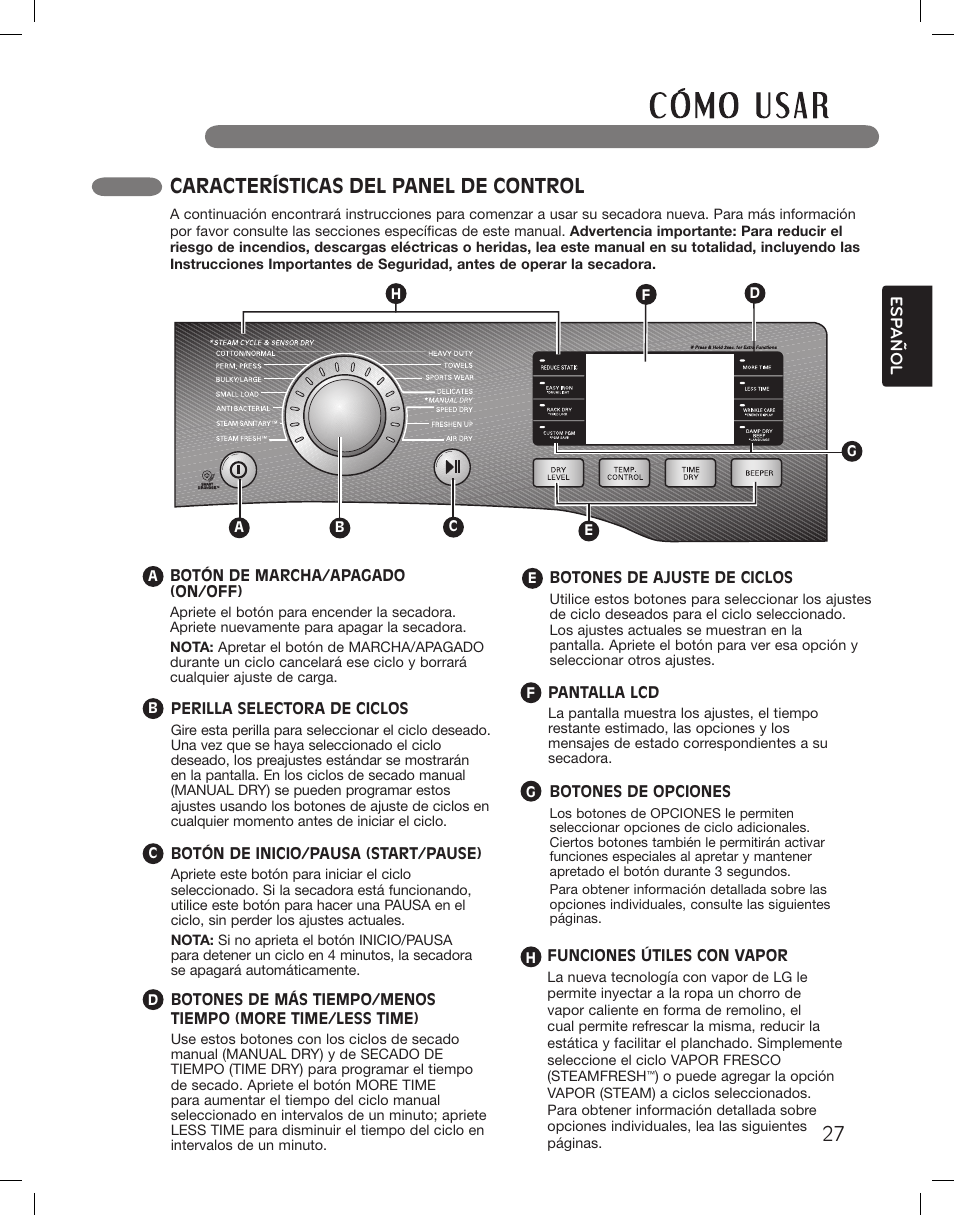 Características del panel de control | LG LSDG389VS User Manual | Page 77 / 148